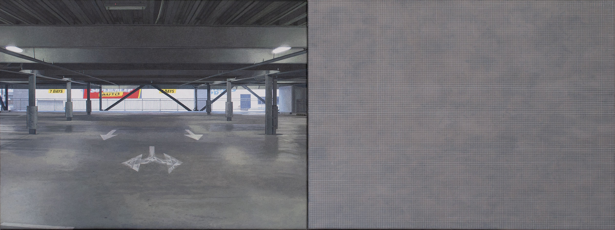 Parking Building with Grid 3, 2014, acrylic on linen, two parts, 63 x 168cm