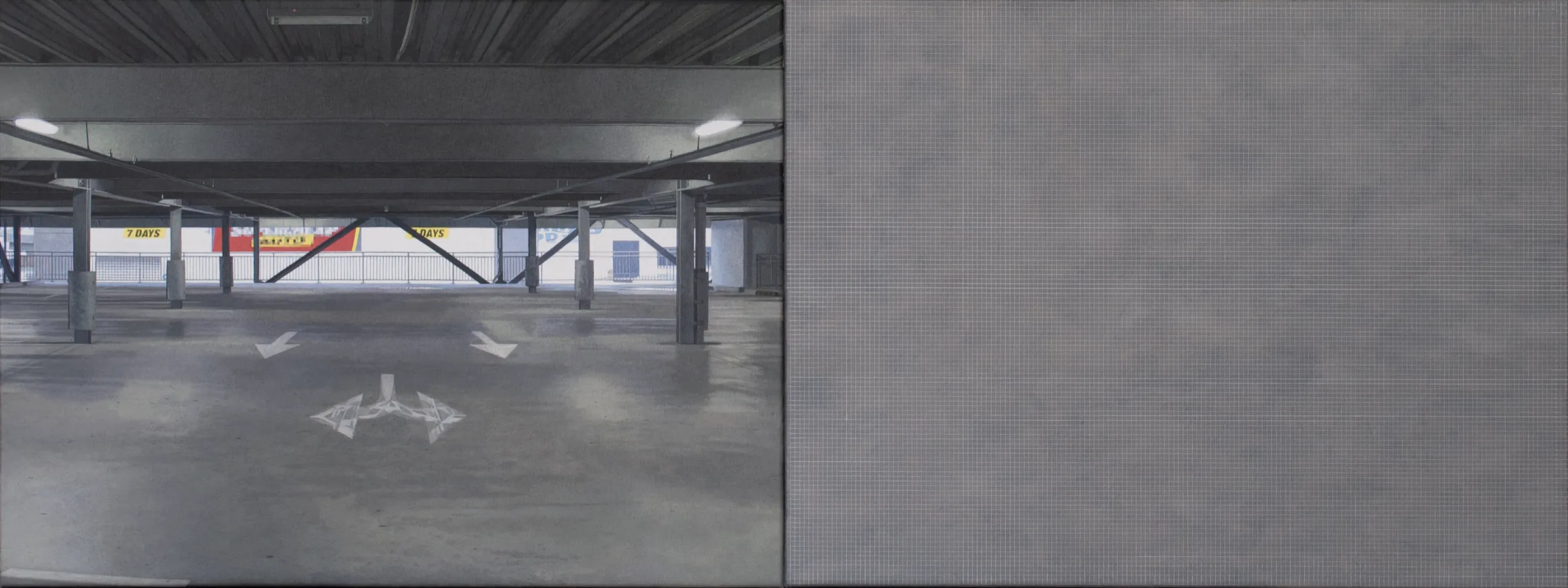  Parking Building with Grid 3, 2014, acrylic on linen, two parts, 63 x 168cm 