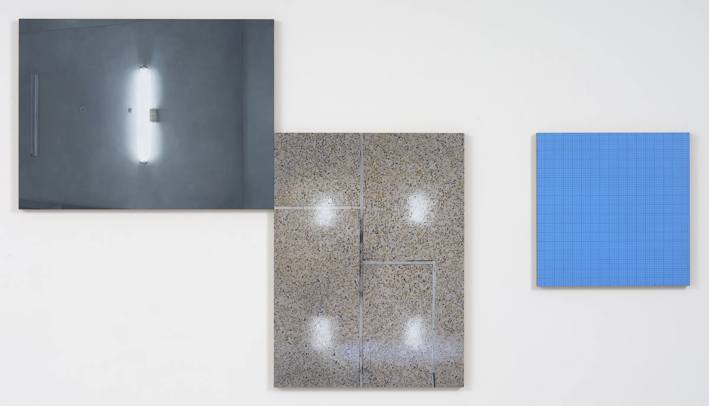  Ceiling, Floor, Grid, 2018, acrylic on aluminium, three parts, 100.5 x 183.5cm 