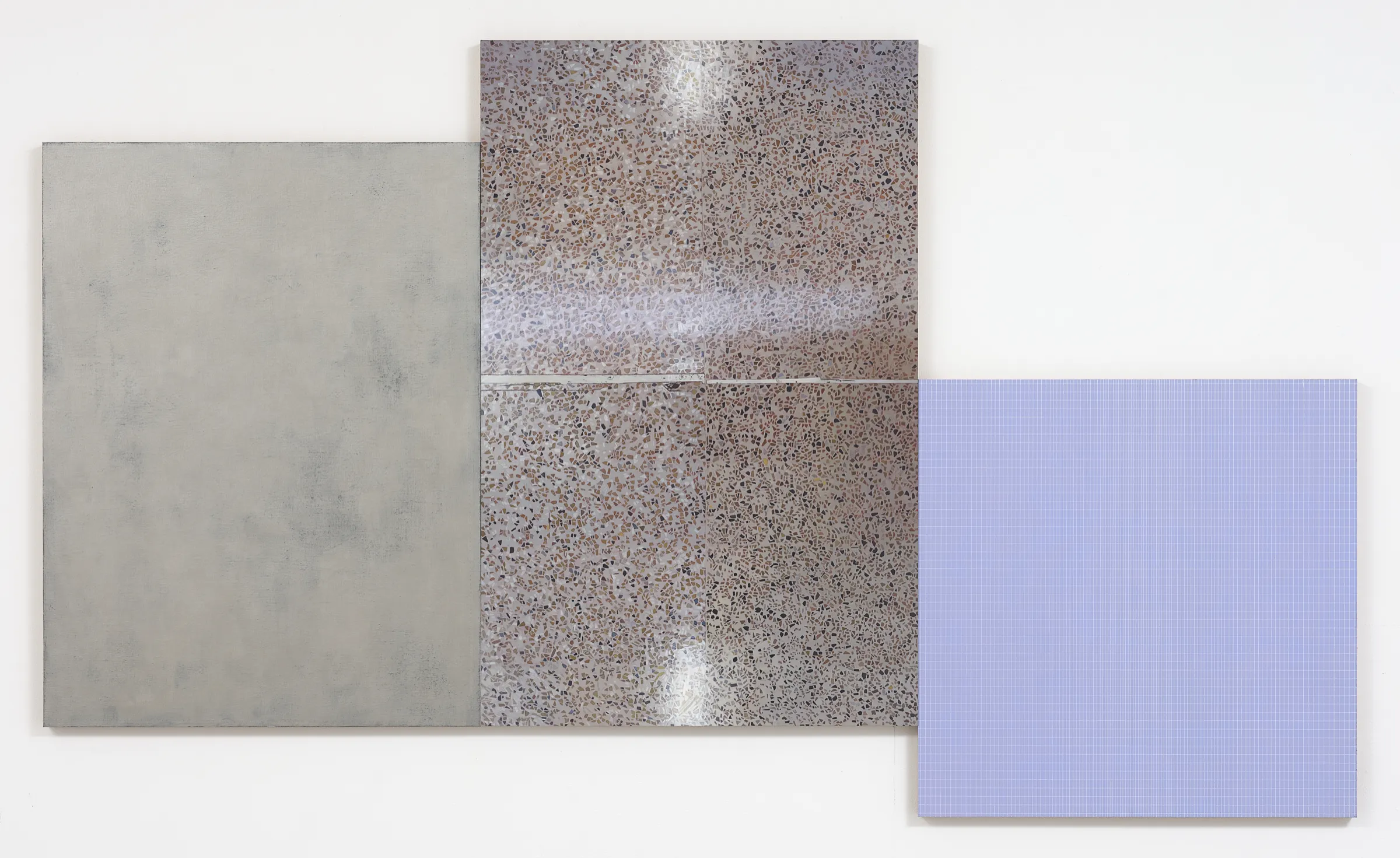  Silver, Floor, Grid, 2018, acrylic on aluminium, three parts, 82 x 156cm 