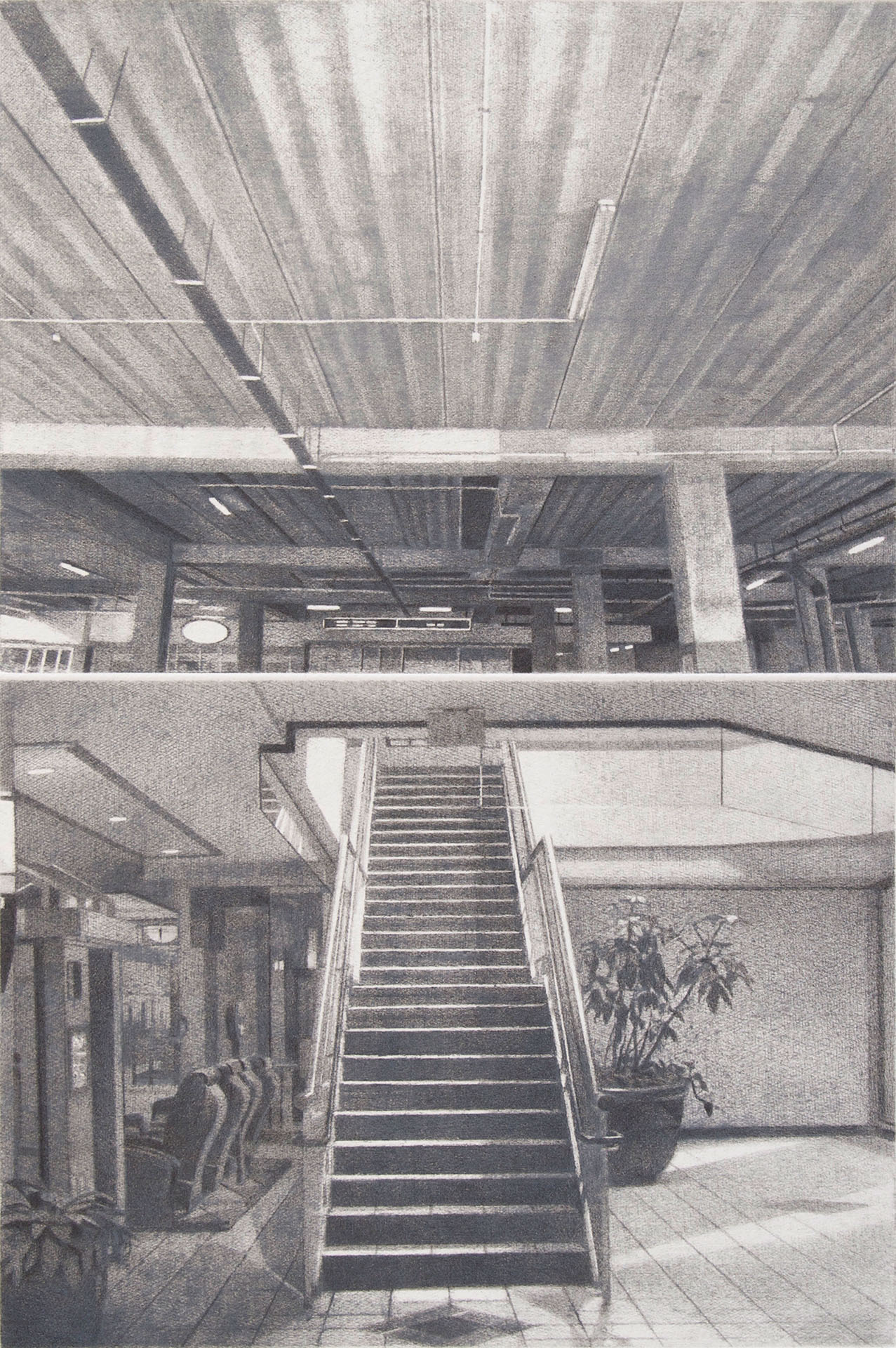  Stairs and Parking Building, 2009, burnished drypoint & pastel, 280 x 190mm, private collection 