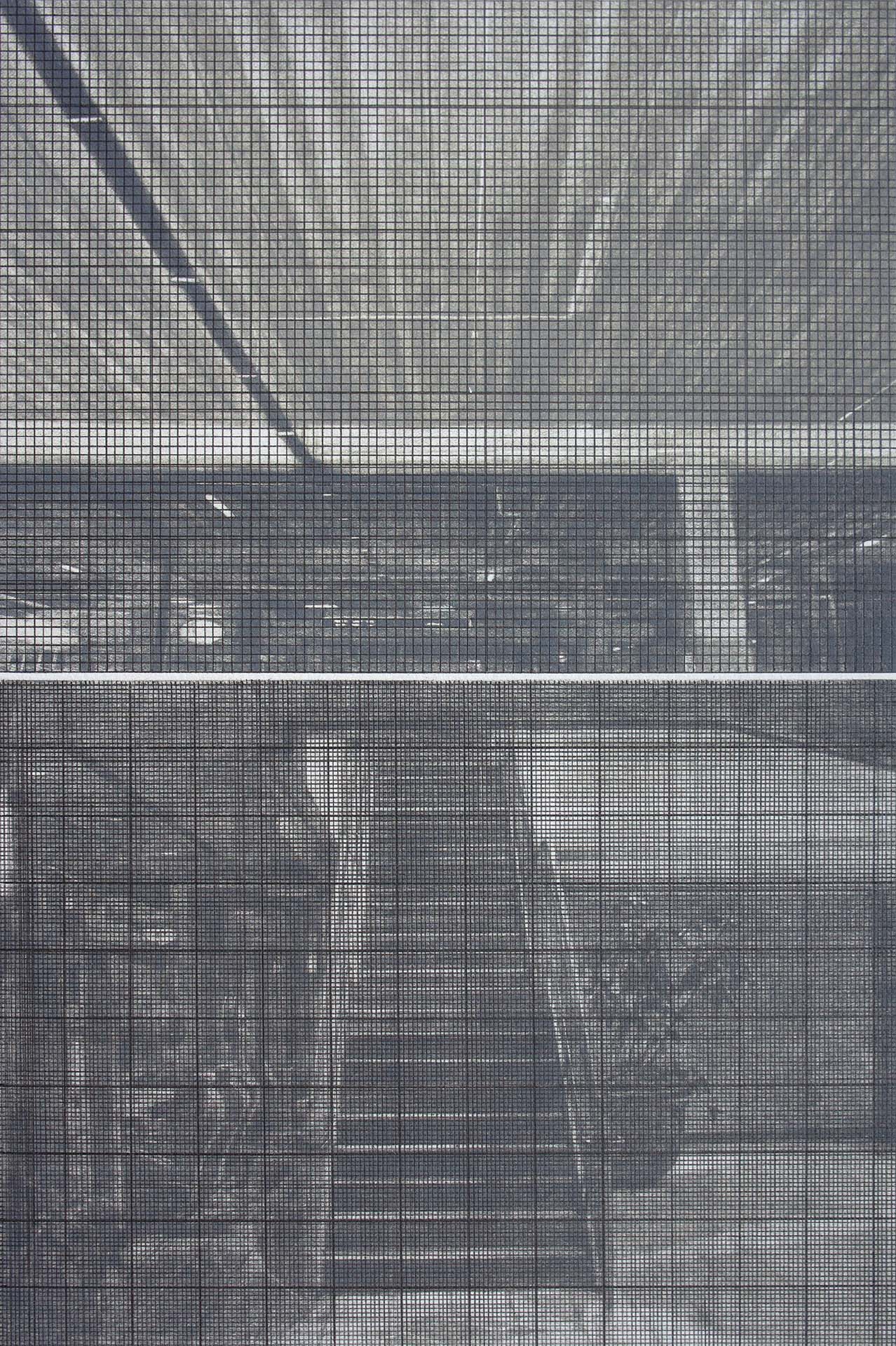  Stairs and Parking Building with Grids 2, 2009, burnished drypoint & graphite, 280 x 190mm 