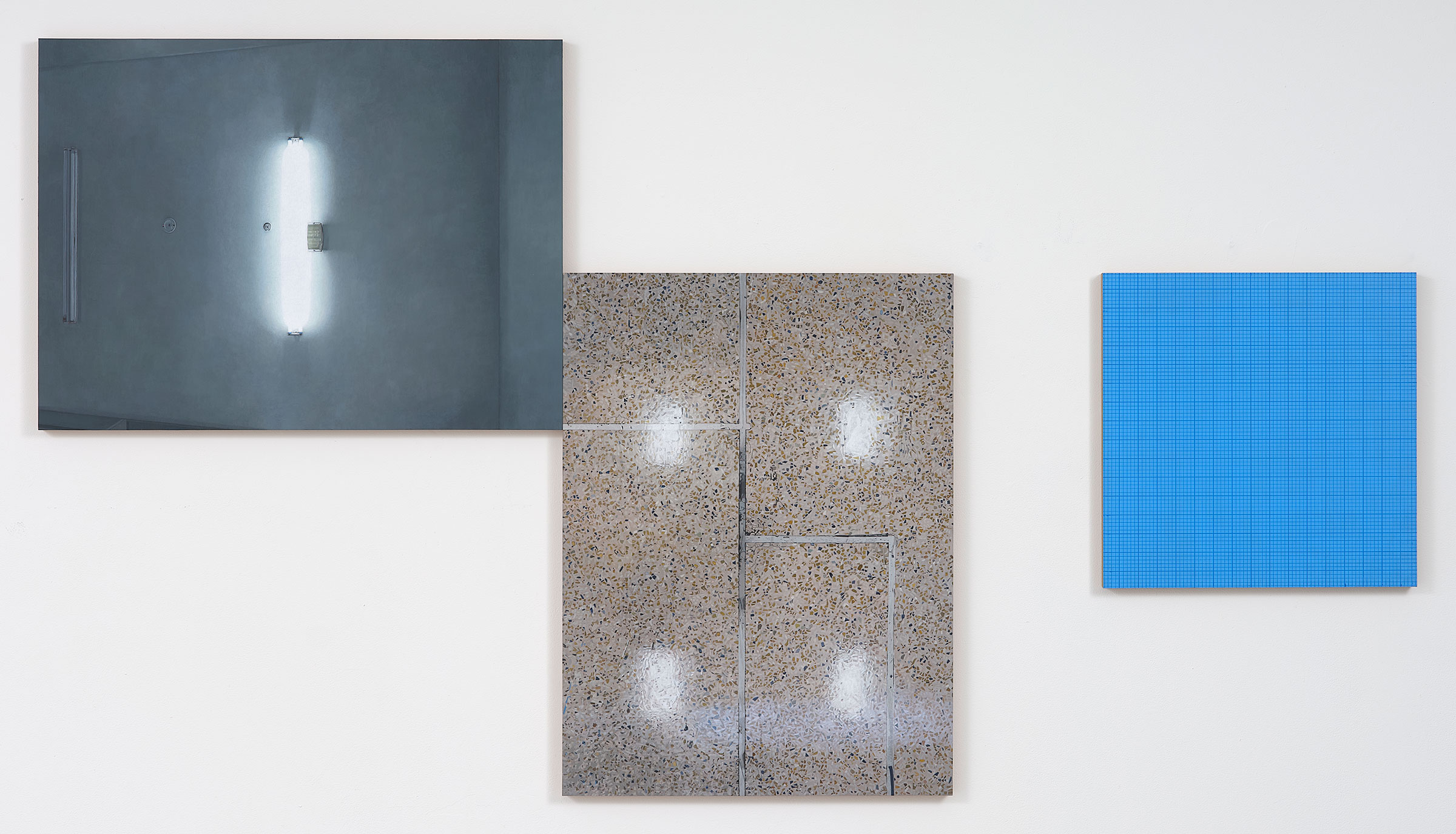  Ceiling, Floor, Grid, 2018, acrylic on aluminium, three parts, 100.5 x 183.5cm 